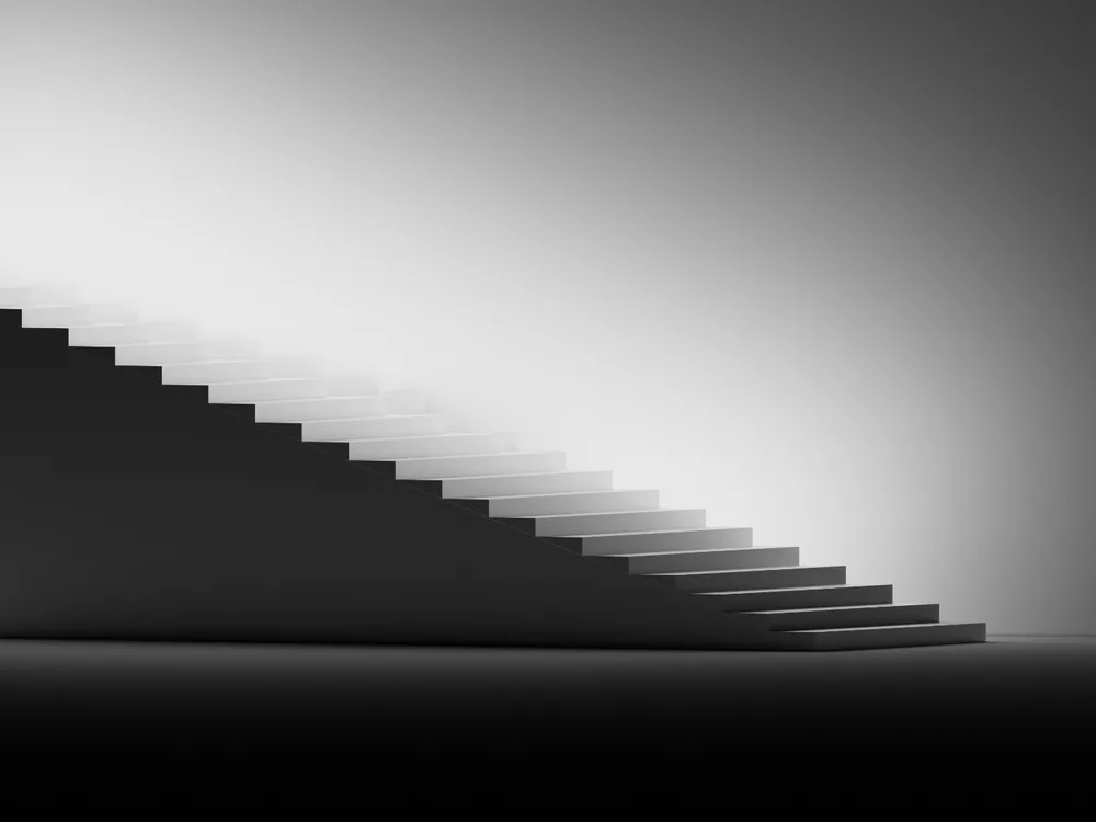 An abstract render: a staircase climbing towards a bright horizon.
