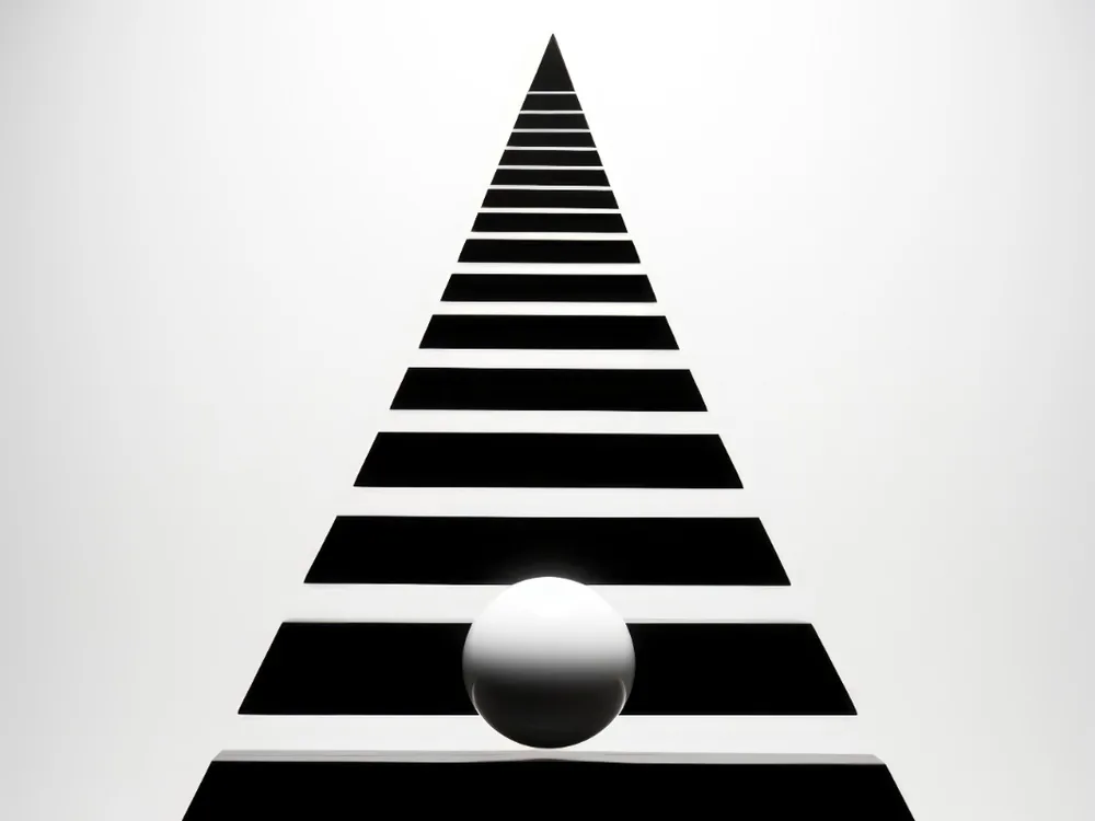 An abstract render: a stepped pyramid with a single sphere balanced on one tier.